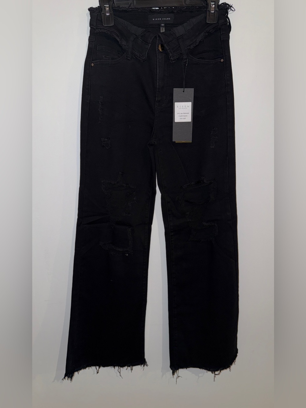Risen Women’s Black Distressed Wide-Leg Jeans with Raw Hem